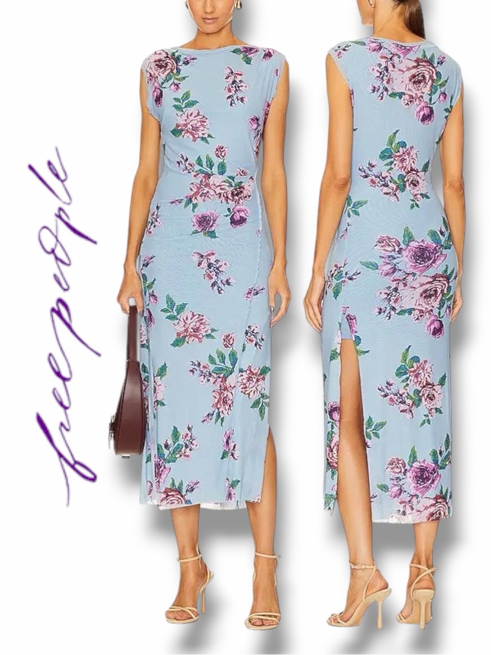 Free People Women’s Carmel Floral Midi Dress in Blue Combo in the Size Large